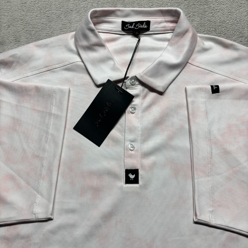 Bad Birdie Men's L Pique Polo Short Sleeve Golf Day Dreamin' Blush‎ White Pink